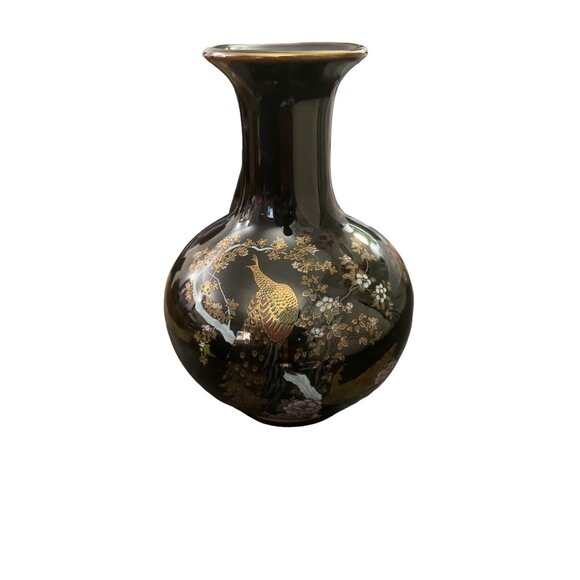 Vintage Yamasan Japan Black Ceramic Vase With Gold Peacock Design - Picture 1 of 6